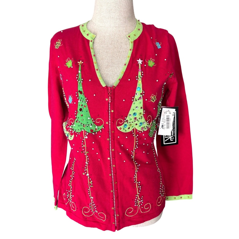 Berek Christmas Tree Cardigan Small Red Zip Beaded Holiday Ugly Sweater Party